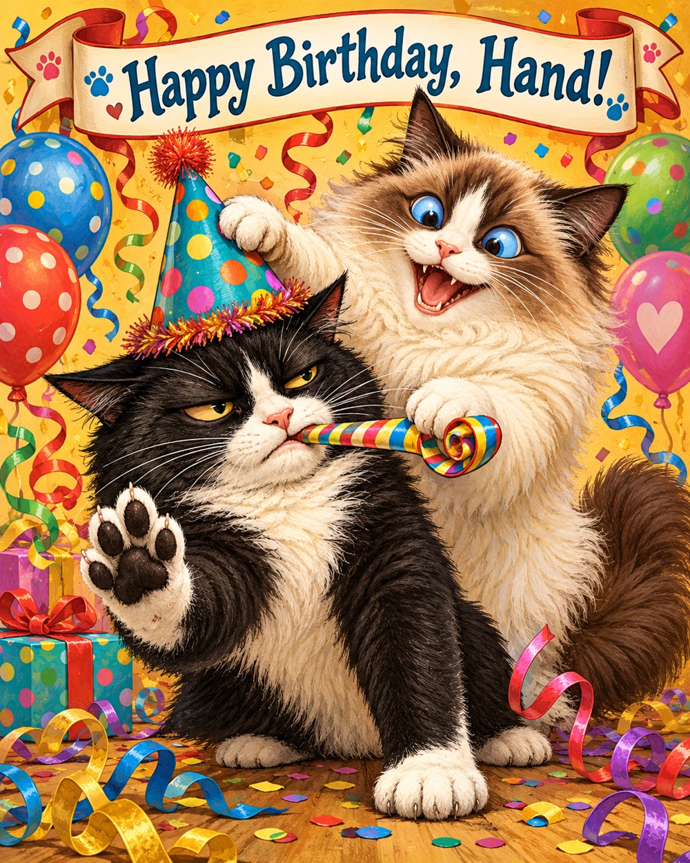 Happy Birthday, Hand! A delighted Ragdoll cat inflicts birthday celebrations on a deeply unimpressed tuxedo cat.